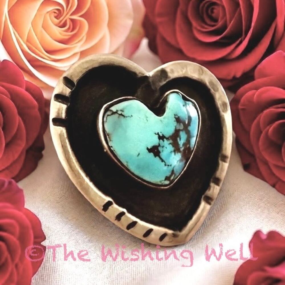Picture Box Golden Hills Turquoise Heart Ring Artisan Sterling Size Adjustable - Picture 4 of 9